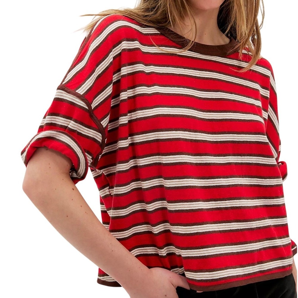 We The Free FP Clean Rugby Tee XL Rust & Red Striped Oversized Short Sleeve Top